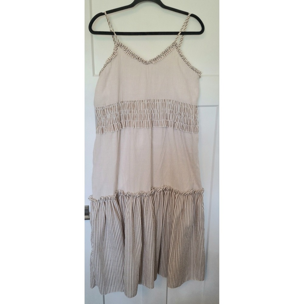 POL Womens Large Ivory Taupe Striped Tiered Sundress Smocked Empire Waist Boho - Picture 2 of 10